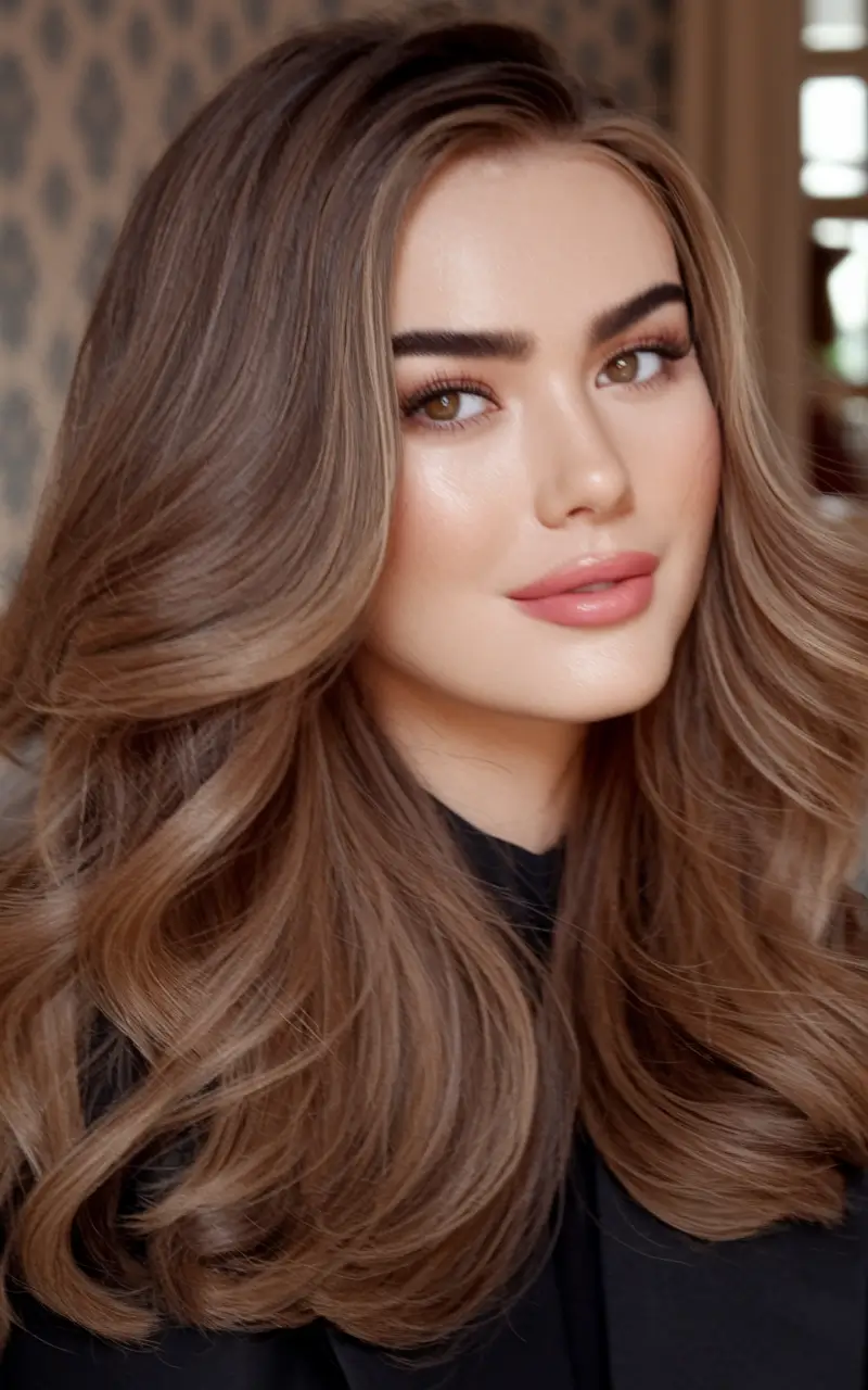 fall brown hair color Toffee Swirl Volume with Sculpted Layers
