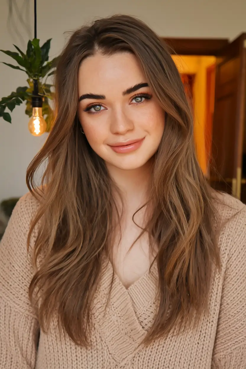 fall brown hair color Warm Chestnut Veil with Wispy Long Ends