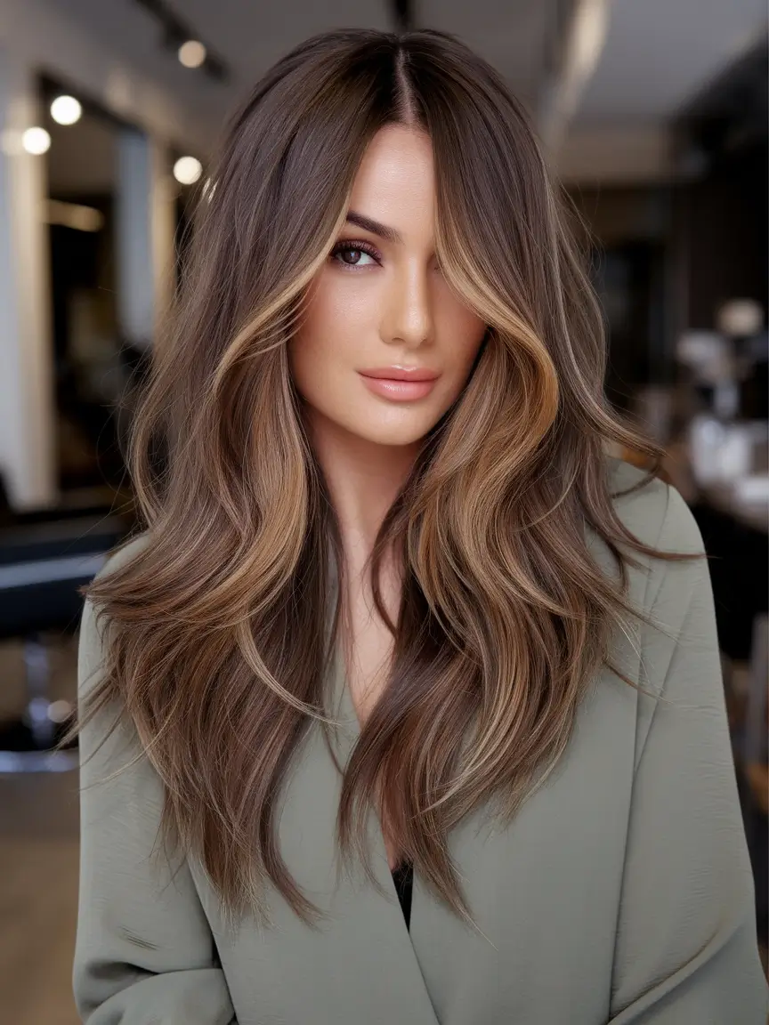 fall brown hair color Bronzed Money Piece on Dimensional Brunette