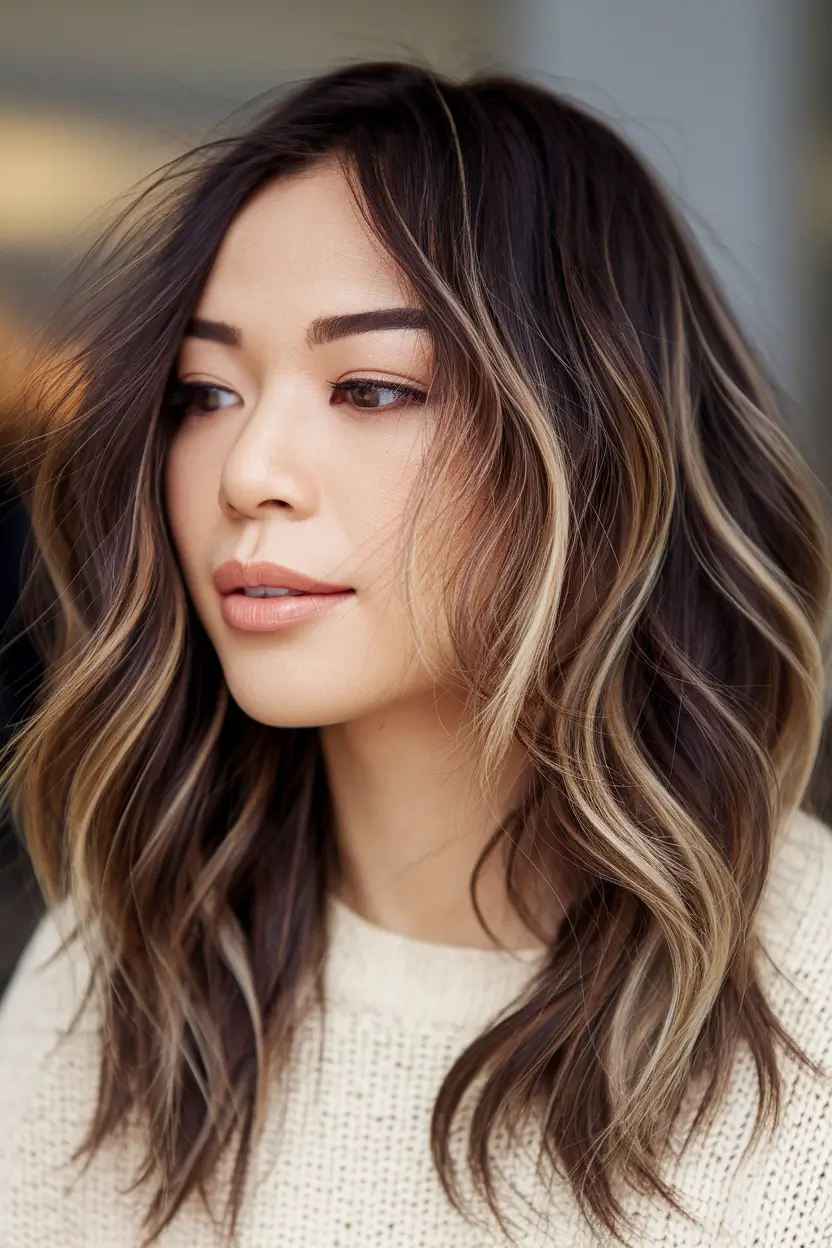 fall brown hair color Dimensional Cocoa Lob with Blonde Threads