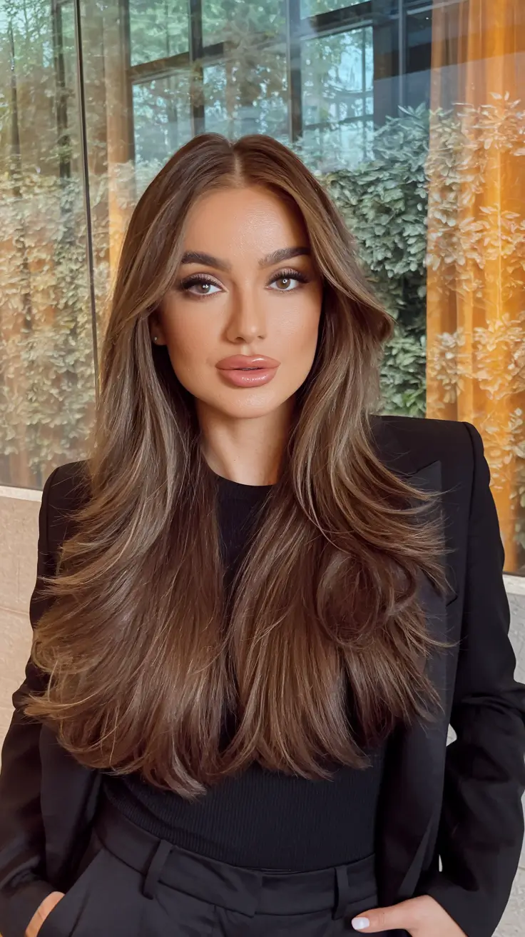 fall brown hair color brunettes medium Ultra-Luxe Chestnut Flow