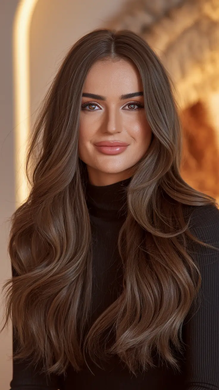 fall brown hair color brunettes long Earthy Toffee Volume