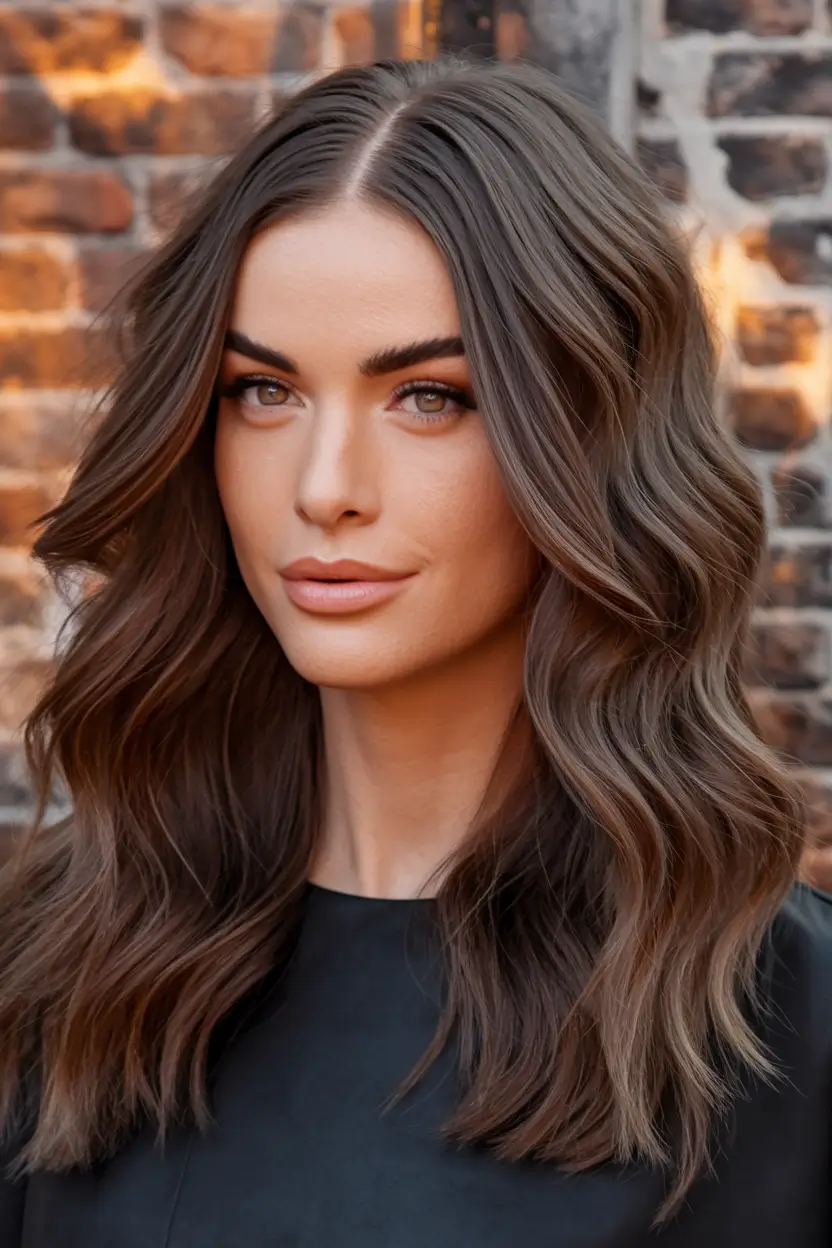 fall brown hair color Velvety Chestnut with Bouncy Mid-Length Waves