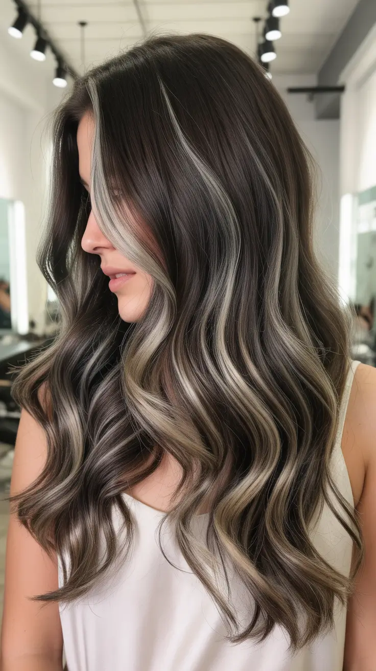 fall brunette hair color ideas Cool Ash Brunette with Steel Highlights