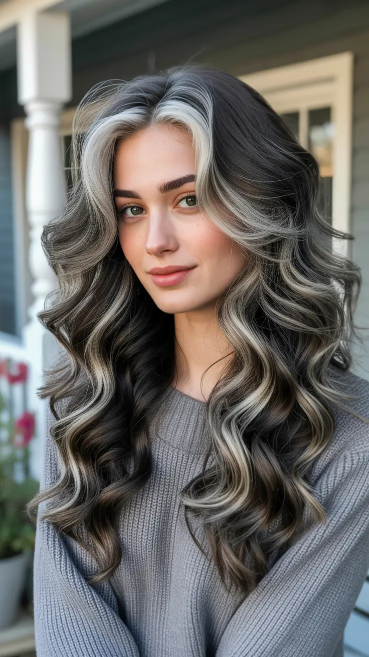 fall brunette hair color ideas Bold Ash Brown with Frosted Silver Ribbons