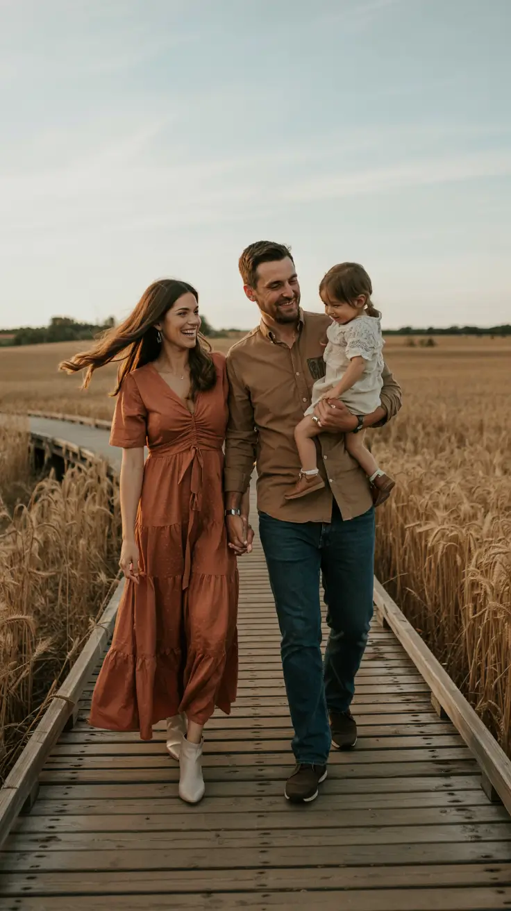 fall family photo outfits Burnt Orange and Wheat for a Golden Hour Glow