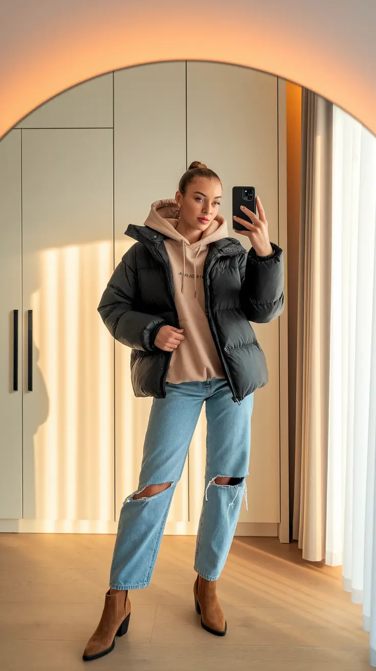 fall fashion outfits Puffer Power Meets Hoodie Casual