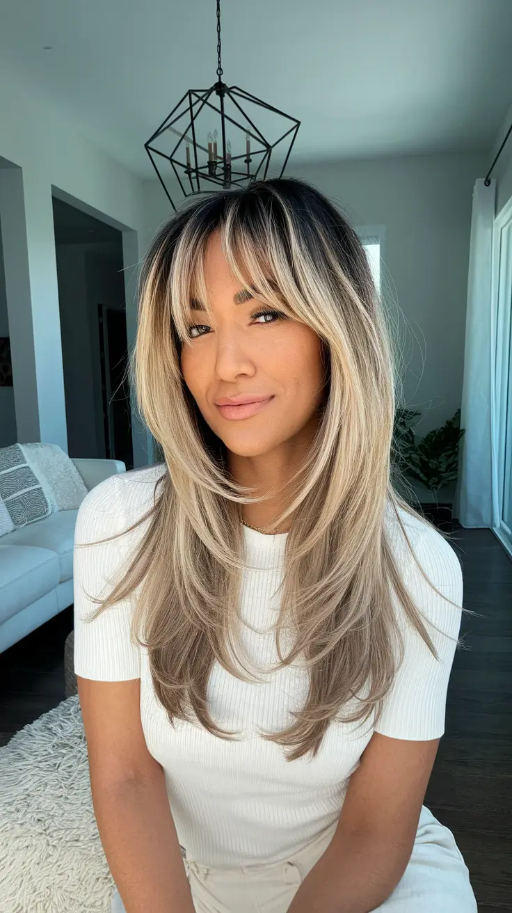 fall fashion outfits Layered Blonde Highlights with Feathered Bangs