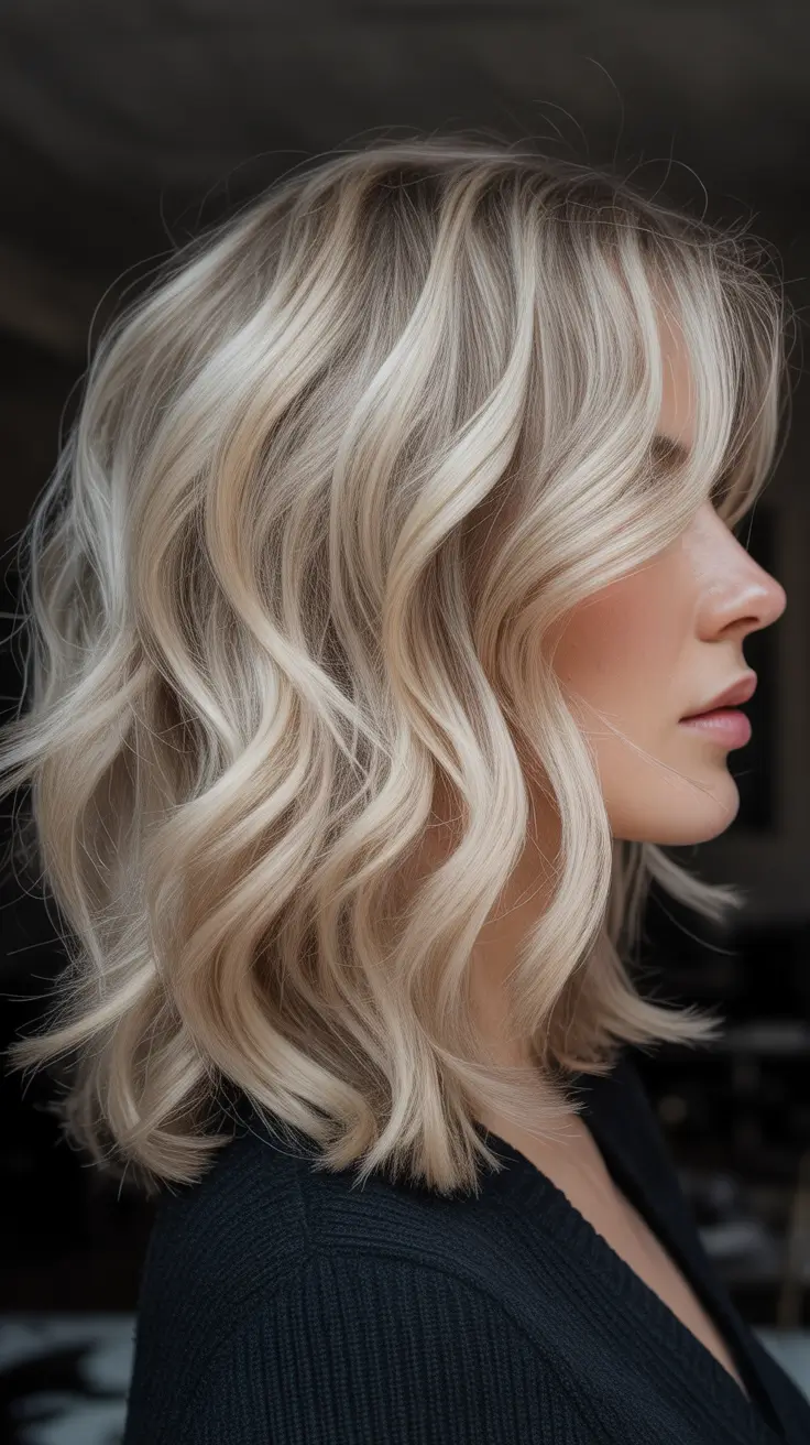 fall hair color for blondes Chic Wavy Bob with Creamed Vanilla Depth