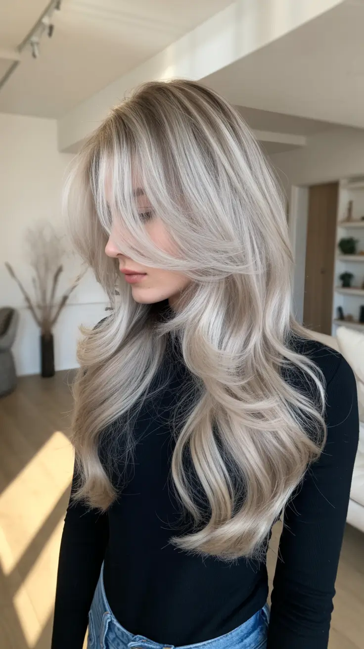 fall hair color for blondes Silvered Smoke Blonde with Feathered Fringe