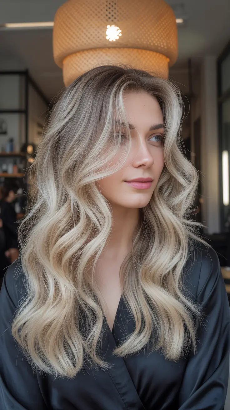 fall hair color for blondes Golden Ribbon Waves with Rooted Contrast