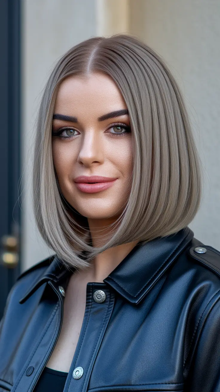 fall hair color for blondes Graphite Beige Bob with Sleek Precision