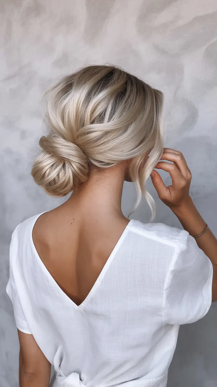 fall hair color for blondes Elegant Low Bun with Lux Blonde Finish