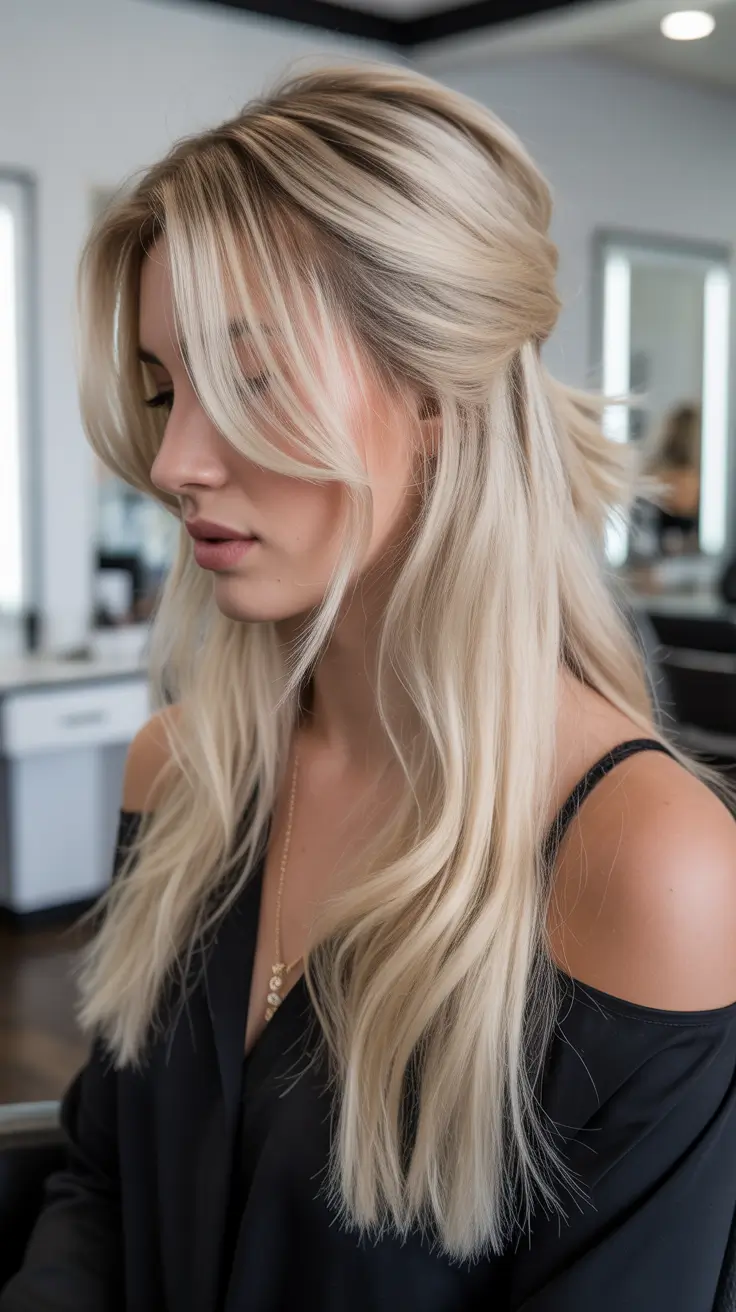 fall hair color for blondes balayage Effortless Half-Up with Root Smudge