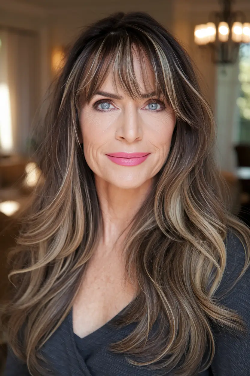 fall hair color for women over 40 colour long hairstyles Golden Chestnut Layers with Wispy Bangs