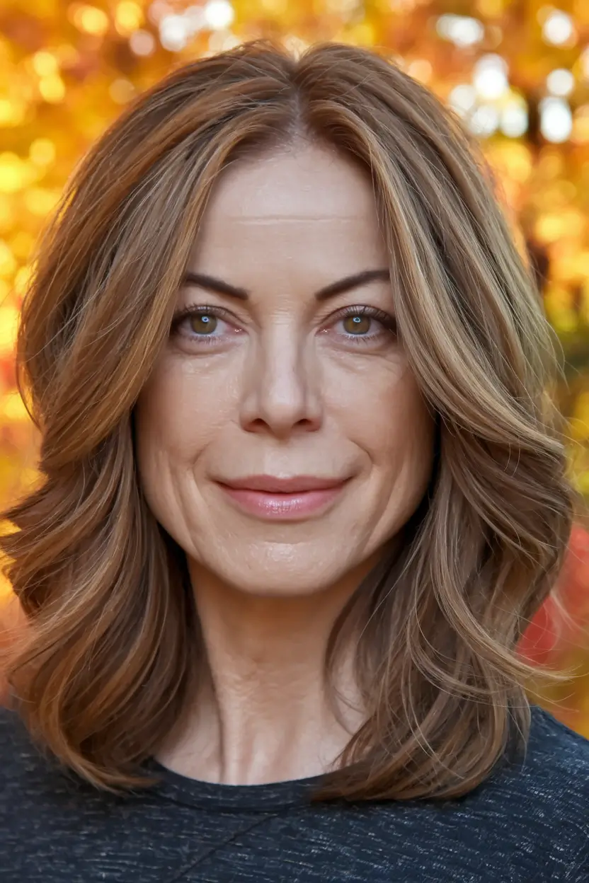 fall hair color for middle aged women over 40 Warm Sandalwood Blend with Autumn Glow