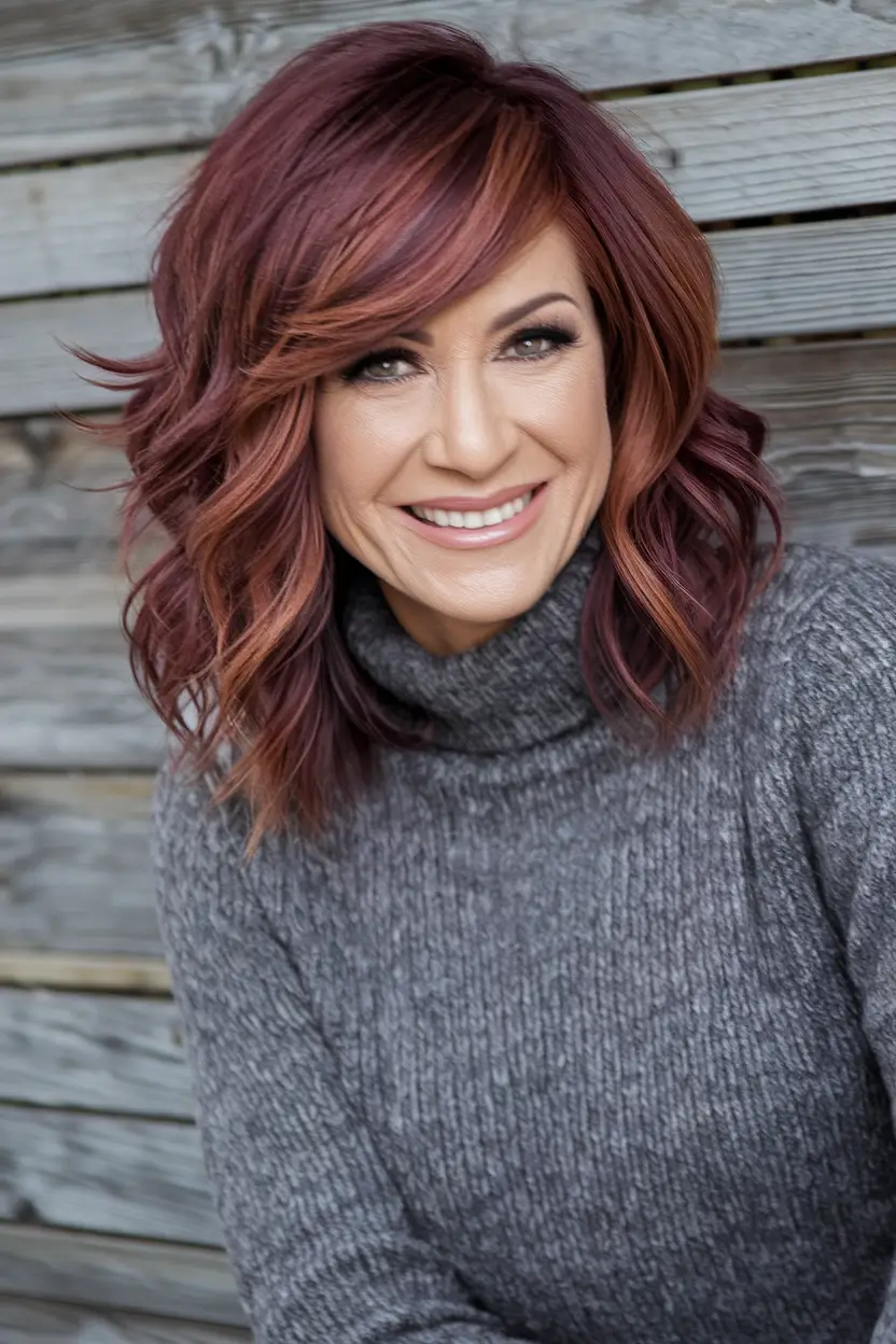 fall brunette hair color ideas for women over 40 Berry Brunette Waves with Side Part