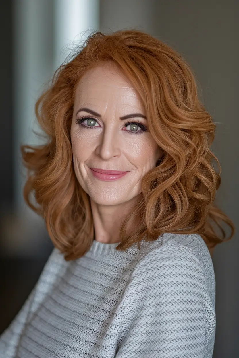 fall hair color for middle aged women over 40 Soft Ginger Curl with Volume
