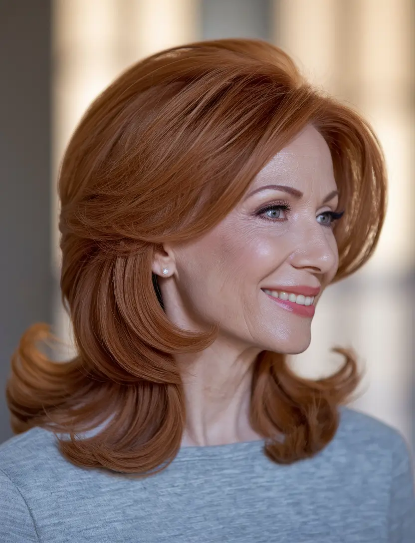 fall hair color ideas women over 40 Classic Auburn with a Luxurious Blowout