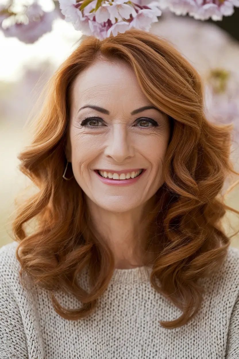 fall hair color for older women over 40 long hairstyles Coppery Curls with Soft Dimension