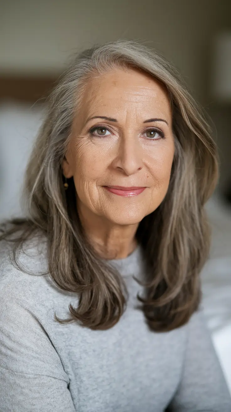fall hair color for women over 50 Subtle Ash Bronde with Soft Layers
