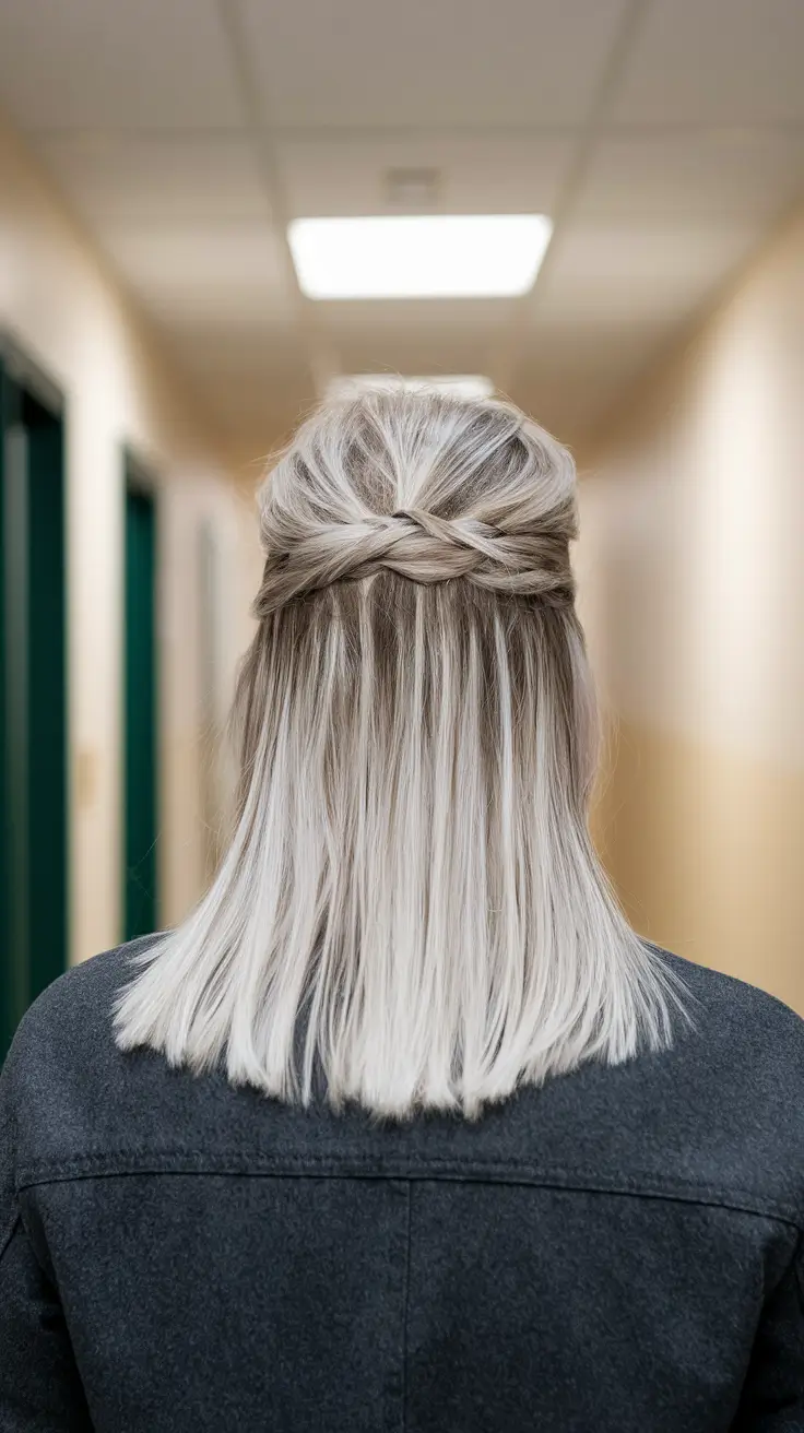 fall hair color women over 50 Silver Blonde with Twisted Half-Up Style