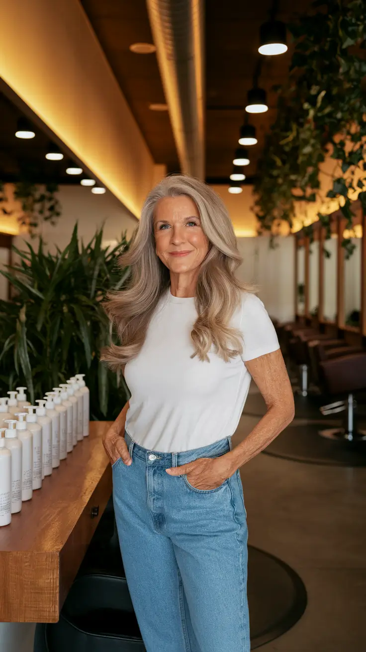 fall hair color for women over 50 Soft Vanilla Blonde Shag with Feathered Ends