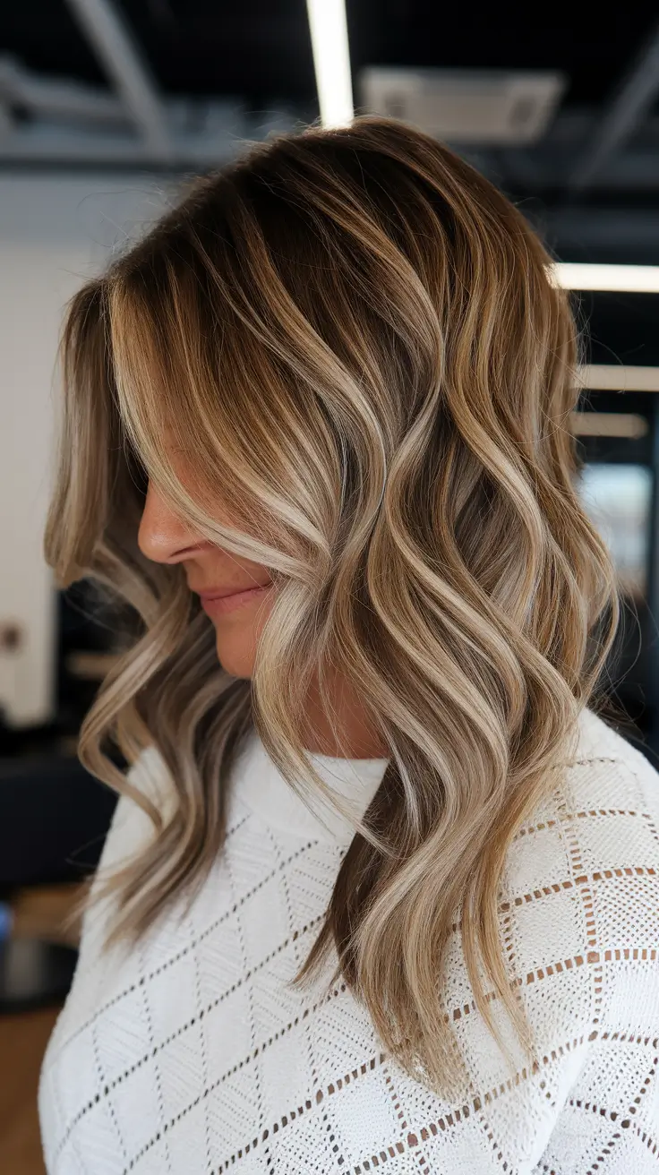 fall hair color for women over 50 Blended Champagne Lob with Root Smudge