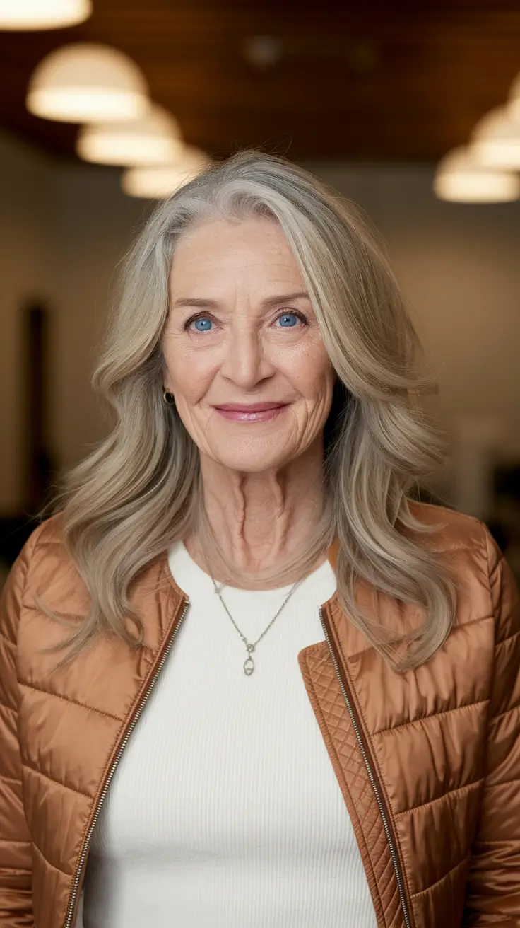 fall hair color women over 50 Frosted Pearl Layers with Natural Roots