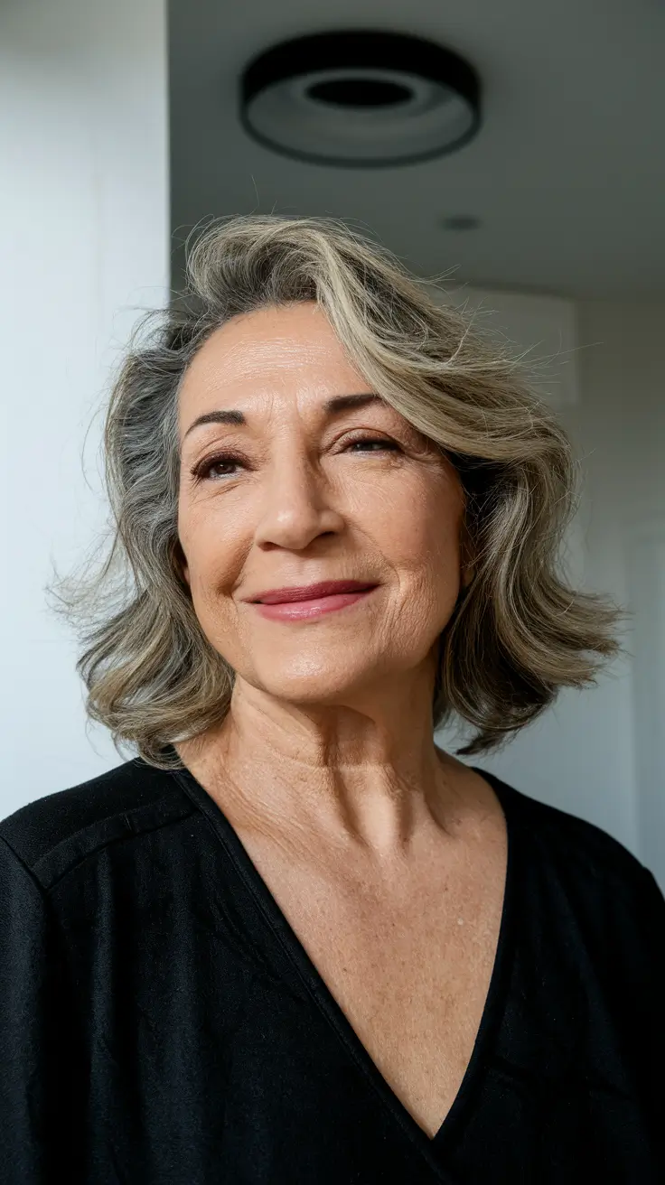 fall hair color for women over 50 Layered Grey Bob with Platinum Face-Frame