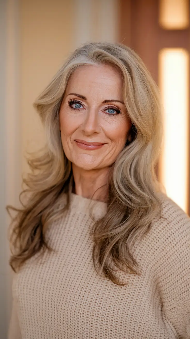 fall hair color women over 50 Golden Beige Flow with Flipped Layers