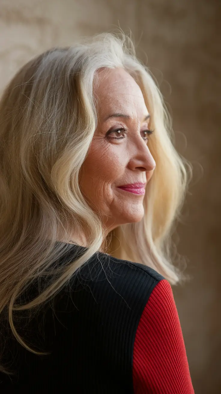 fall hair color for women over 50 Buttery Blonde Length with Soft Waves