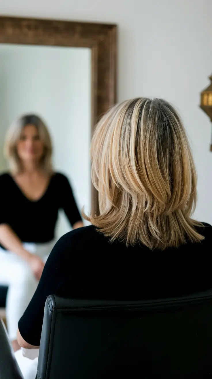 fall hair color for women over 50 Textured Lob in Caramel Highlights