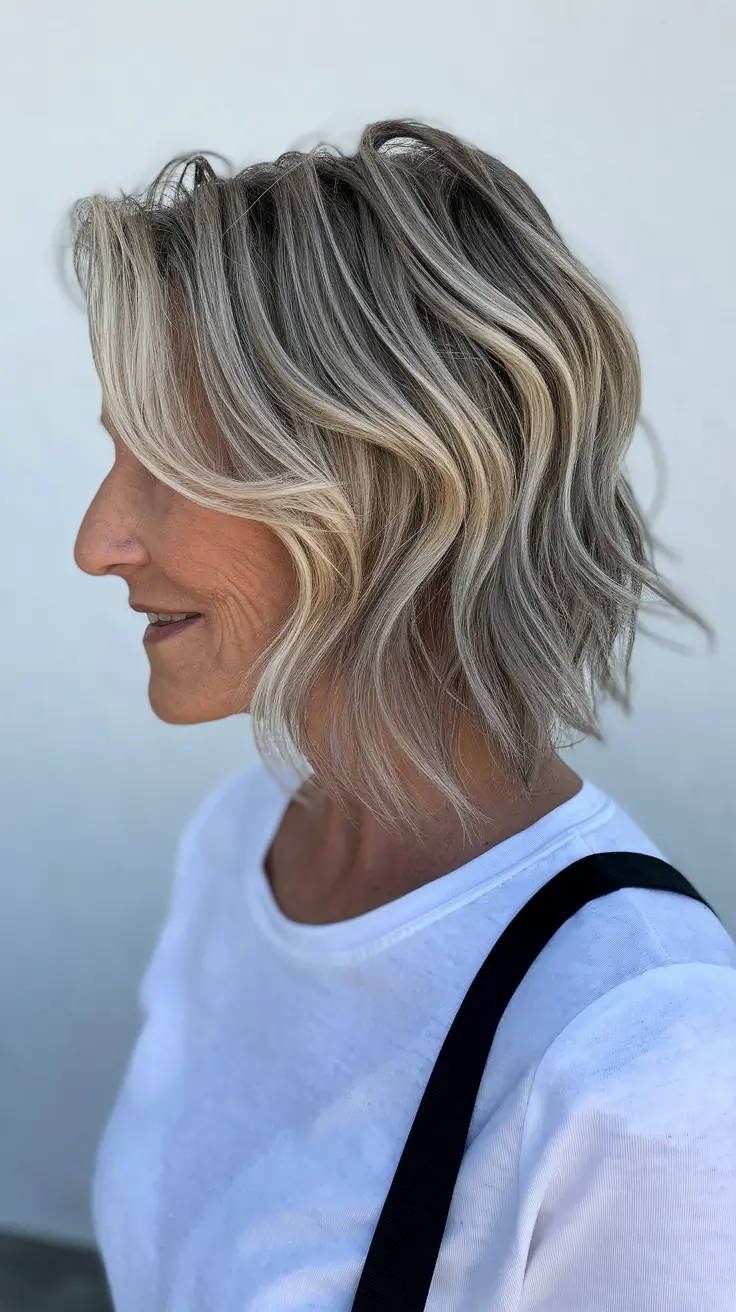 fall hair color women over 50 Soft Ash Blonde with Dimensional Waves