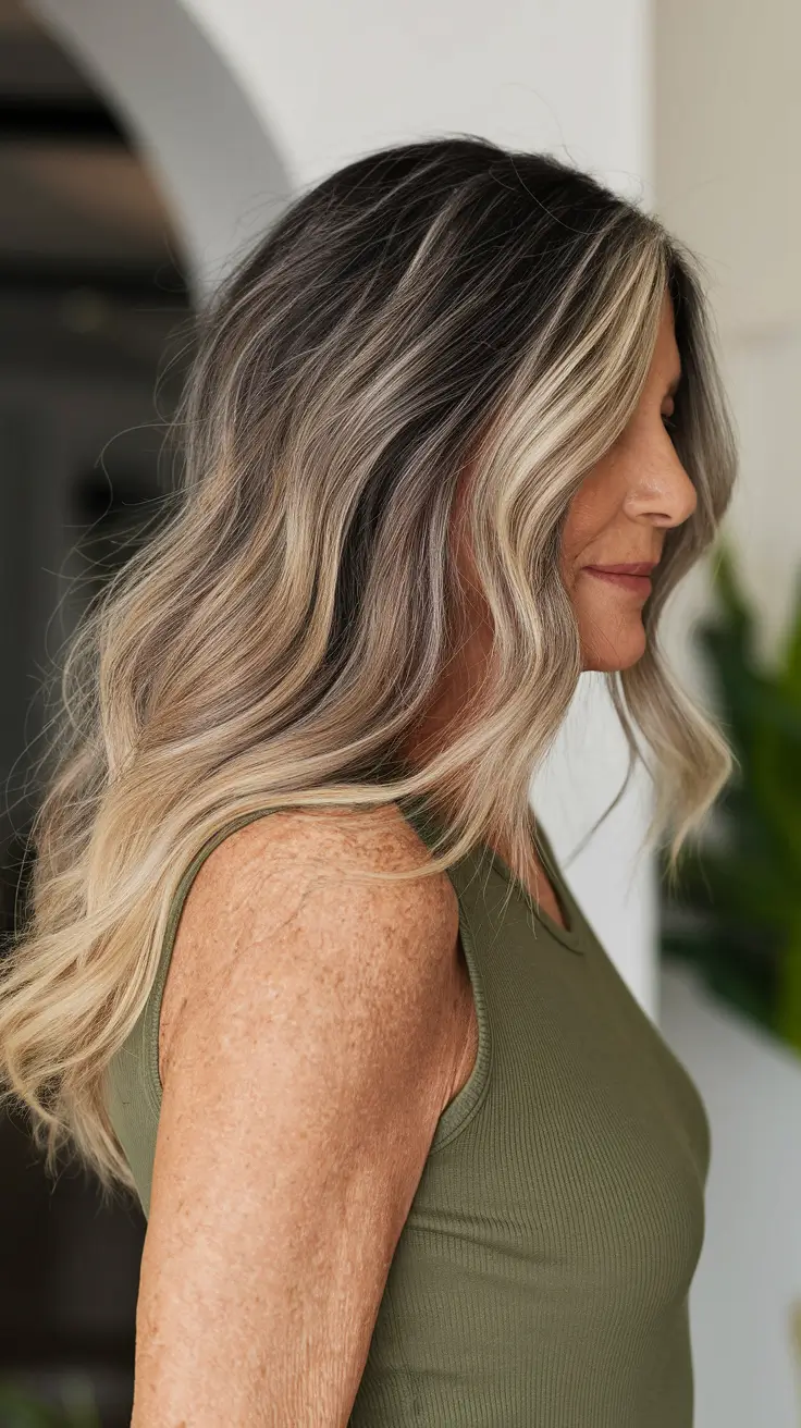 fall hair color women over 50 Dark Roots with Caramel Frost Ends