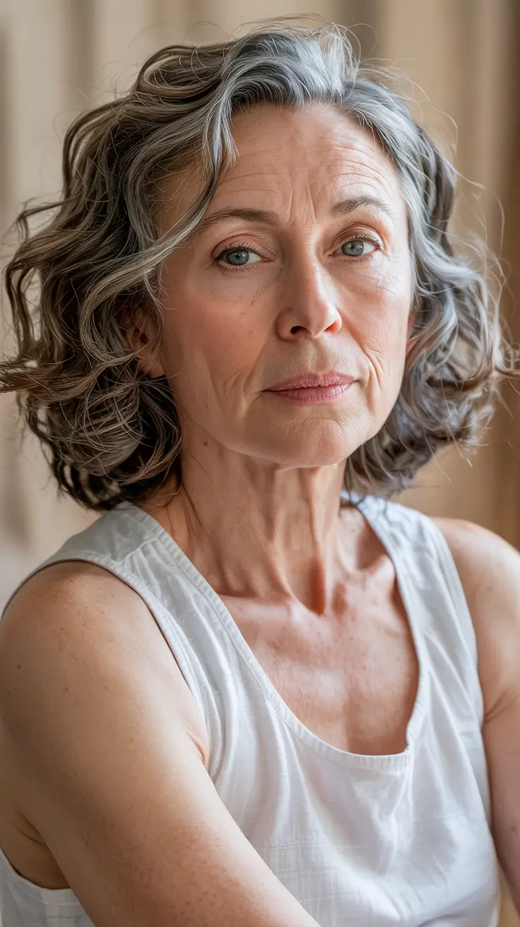 fall hair color for women over 60 Soft Charcoal Curls with Silver Definition