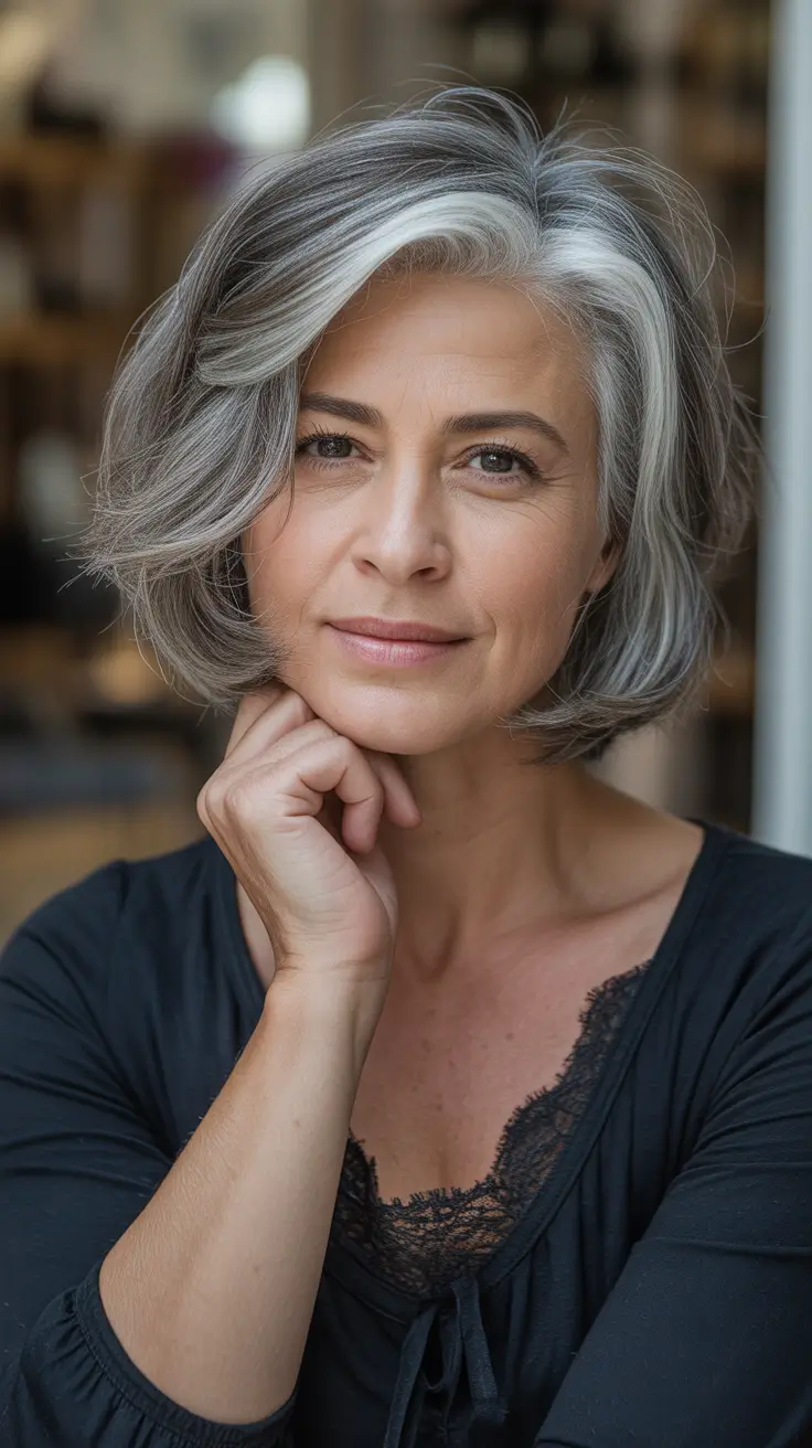 fall hair color for women over 60 Steel Gray Classic Bob with Volume