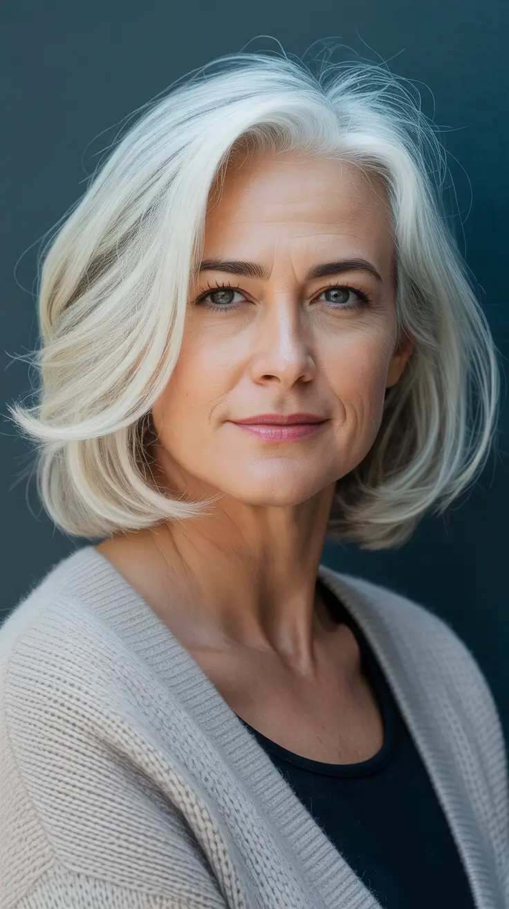 fall hair color for women over 60 Bright White Bob with Dimensional Lowlights