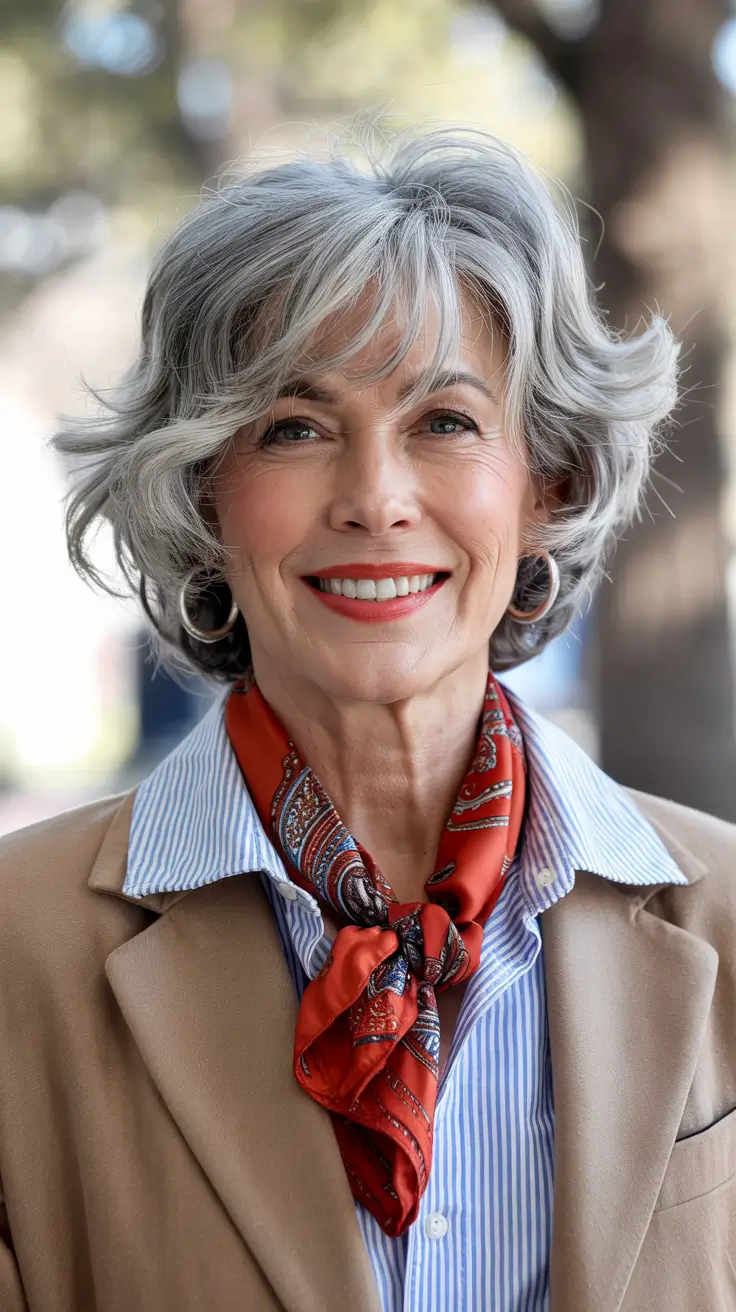 fall hair color for women over 60 Frosted Feathered Bob with Curtain Bangs