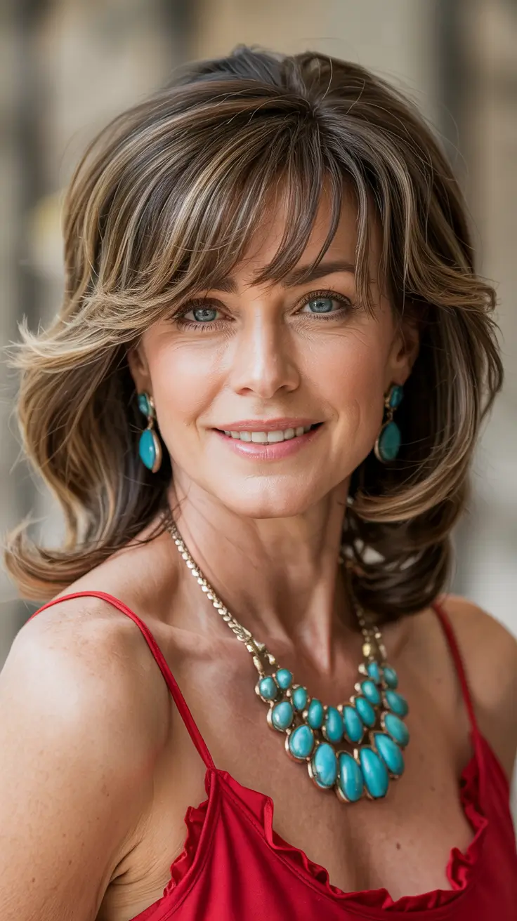 fall hair color for women over 60 Glossy Brunette with Cool Beige Highlights