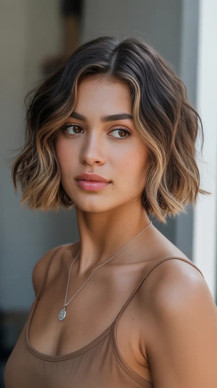 deep brunette hair color for fall Textured Wavy Bob with Toasted Brunette Blend