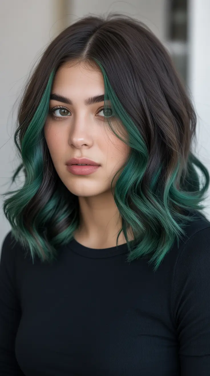 2025 Fall Hair Color Guide for Deep Skin Tones Green-Tipped Chocolate Bob