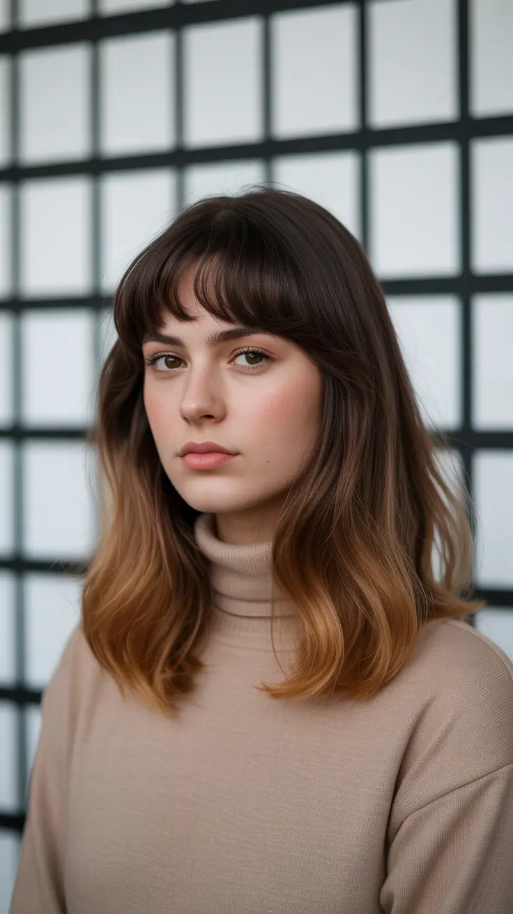 deep fall hair color ideas Caramel Mocha Ombre with Soft Curtain Bangs
