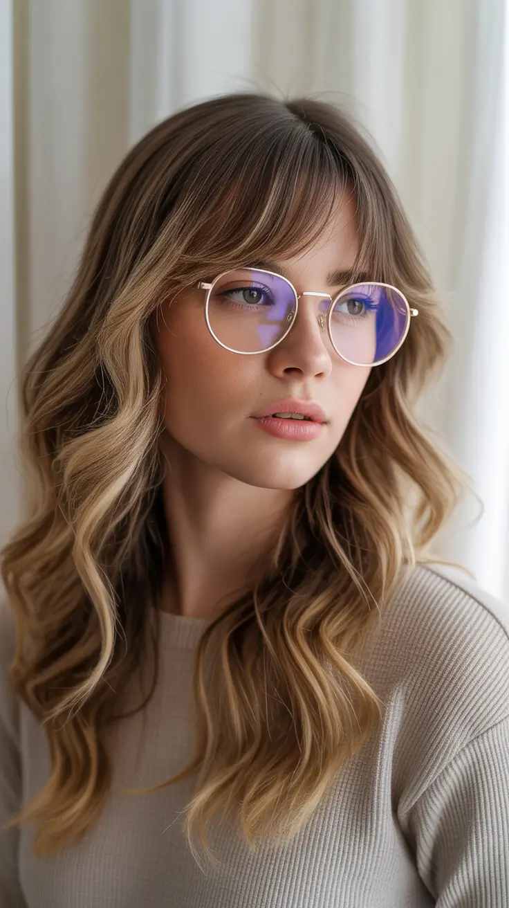 deep fall color palette hair Golden Balayage Layers with Framed Bangs