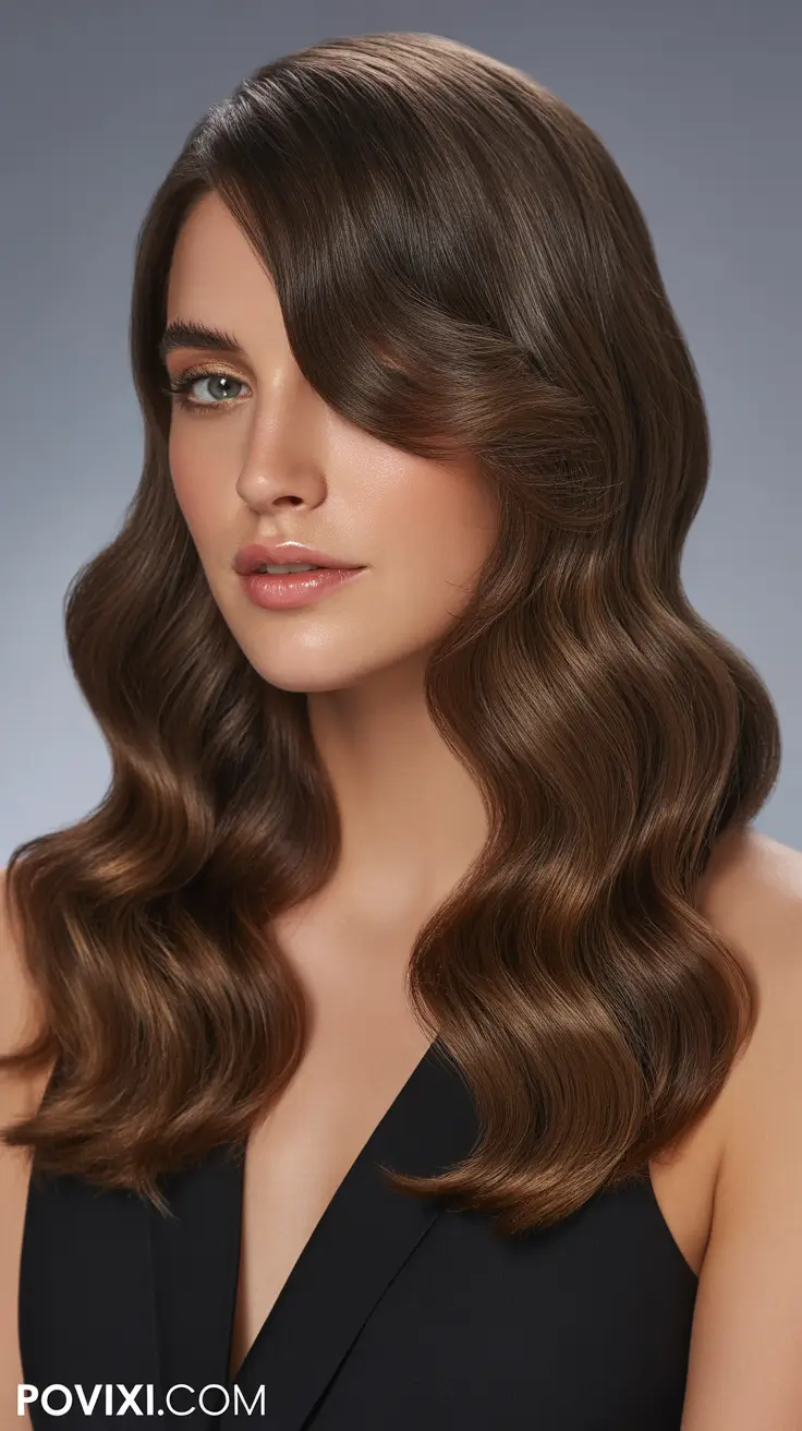 deep fall hair color ideas Glossy Brunette Waves with Chocolate Dimension
