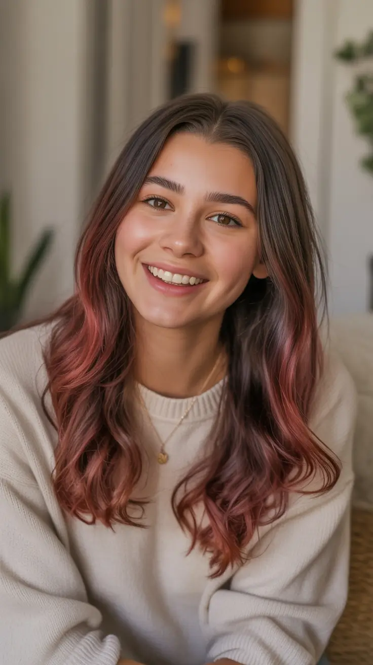 Fall hair colors for warm skin tones Dusty Rose Ends on Cocoa Brown Base