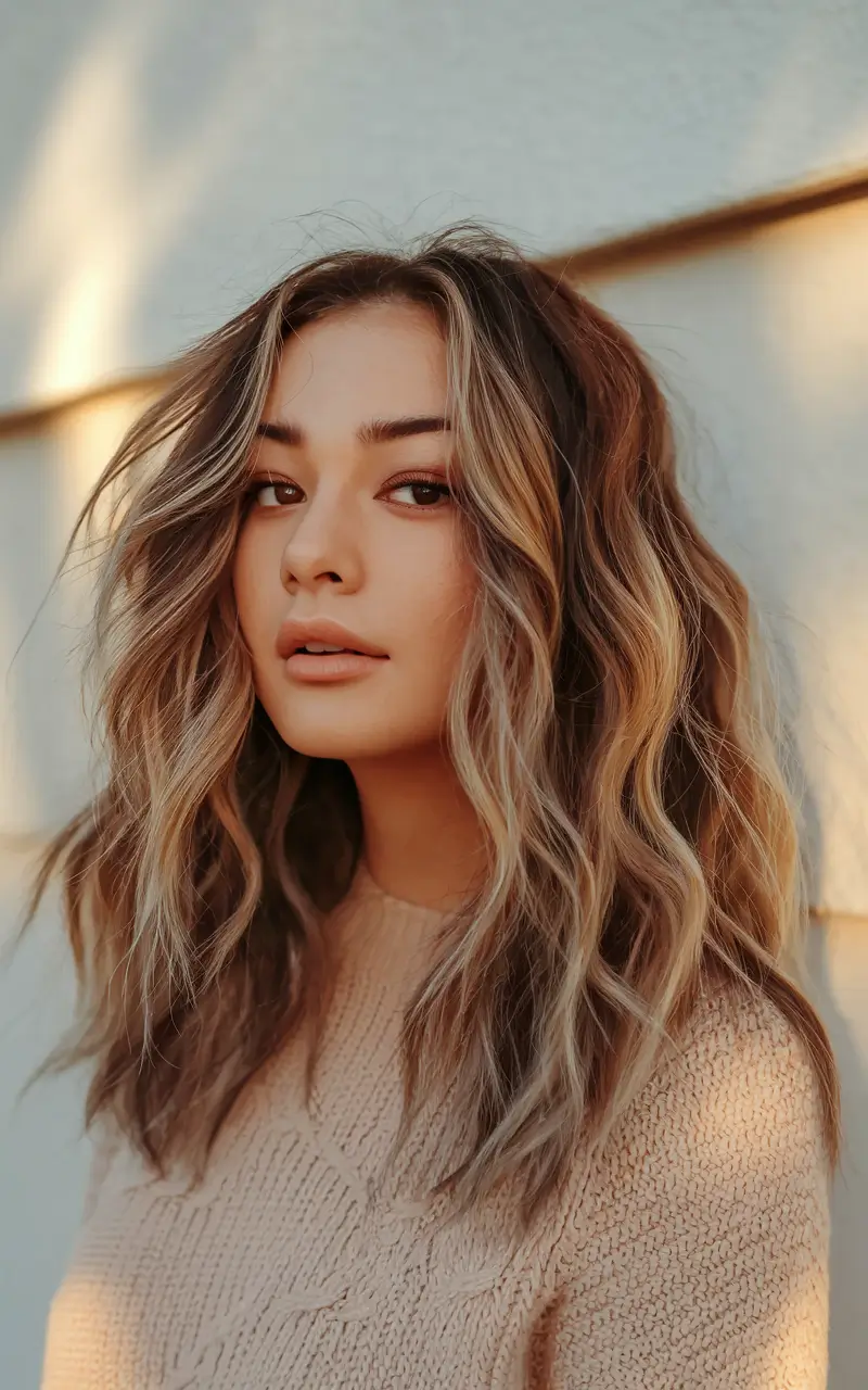 Fall hair colors for warm skin tones Warm Caramel Waves with Golden Flickers