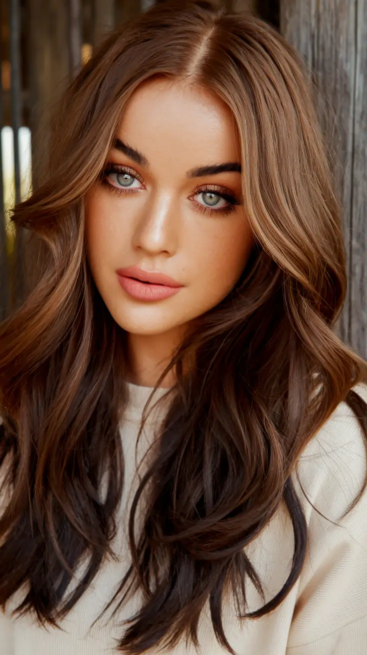 Fall hair colors for warm skin tones Glossy Mocha Brown with Light Feathering
