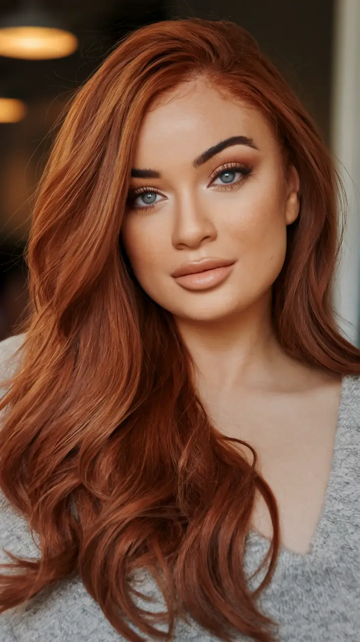 Fall hair colors for warm skin tones Copper Auburn Shine with Long Layers