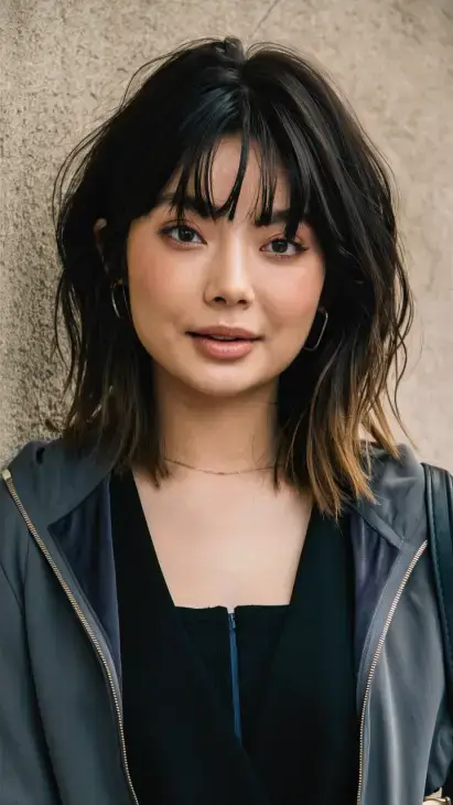 haircut with bangs for round faces Layered Lob with Choppy Full Fringe